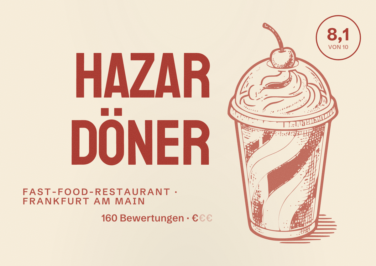Illustriertes Poster von Hazar Döner, Fast-Food-Restaurant in Frankfurt am Main: Bewertung 8,1 von 10 aus 160 Bewertungen, Preisniveau €