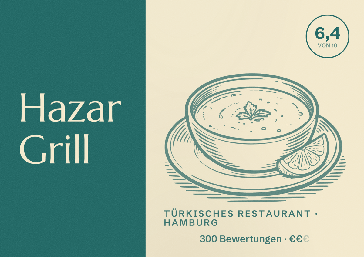 Illustriertes Poster von Hazar Grill, Türkisches Restaurant in Hamburg: Bewertung 6,4 von 10 aus 300 Bewertungen, Preisniveau €€