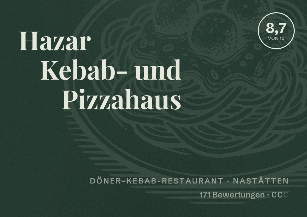 Illustriertes Poster von Hazar Kebab- und Pizzahaus, Döner-Kebab-Restaurant in Nastätten: Bewertung 8,7 von 10 aus 171 Bewertungen, Preisniveau €€