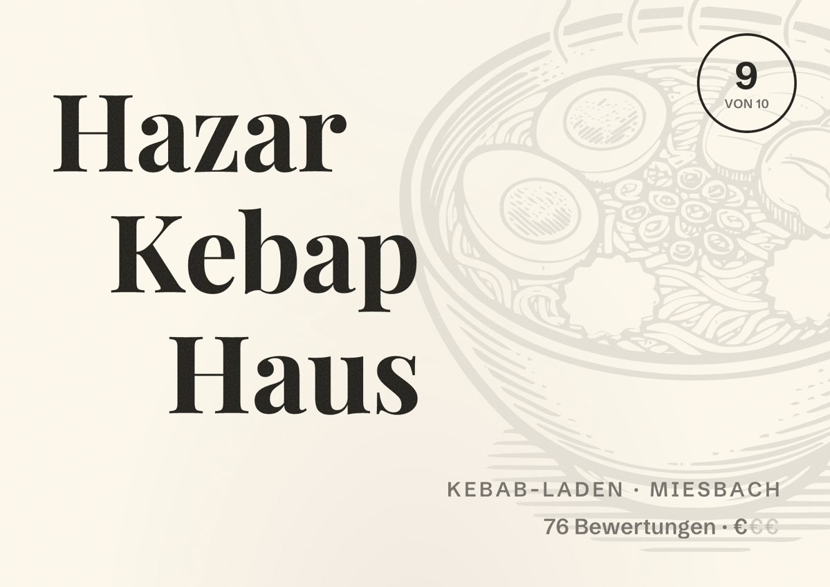 Illustriertes Poster von Hazar Kebap Haus, Kebab-Laden in Miesbach: Bewertung 9 von 10 aus 76 Bewertungen, Preisniveau €