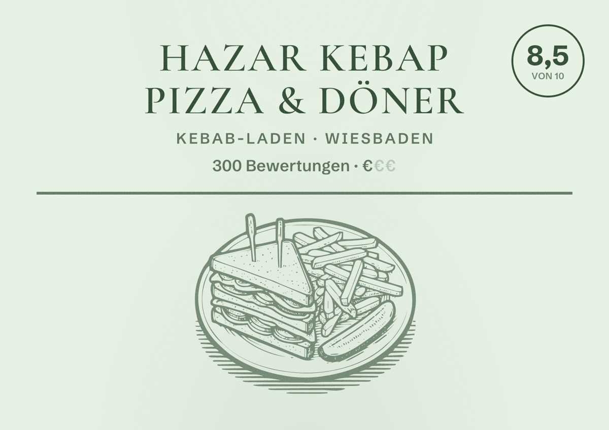 Illustriertes Poster von Hazar Kebap Pizza & Döner, Kebab-Laden in Wiesbaden: Bewertung 8,5 von 10 aus 300 Bewertungen, Preisniveau €