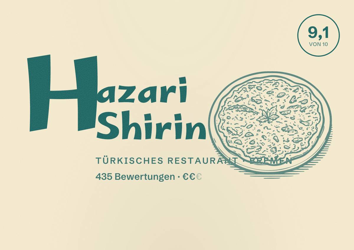 Illustriertes Poster von Hazari Shirin, Türkisches Restaurant in Bremen: Bewertung 9,1 von 10 aus 435 Bewertungen, Preisniveau €€