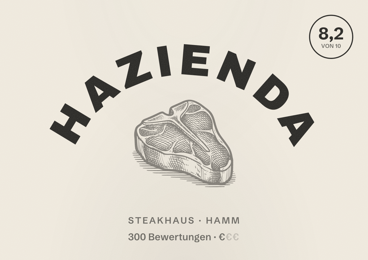 Illustriertes Poster von Hazienda, Steakhaus in Hamm: Bewertung 8,2 von 10 aus 300 Bewertungen, Preisniveau €