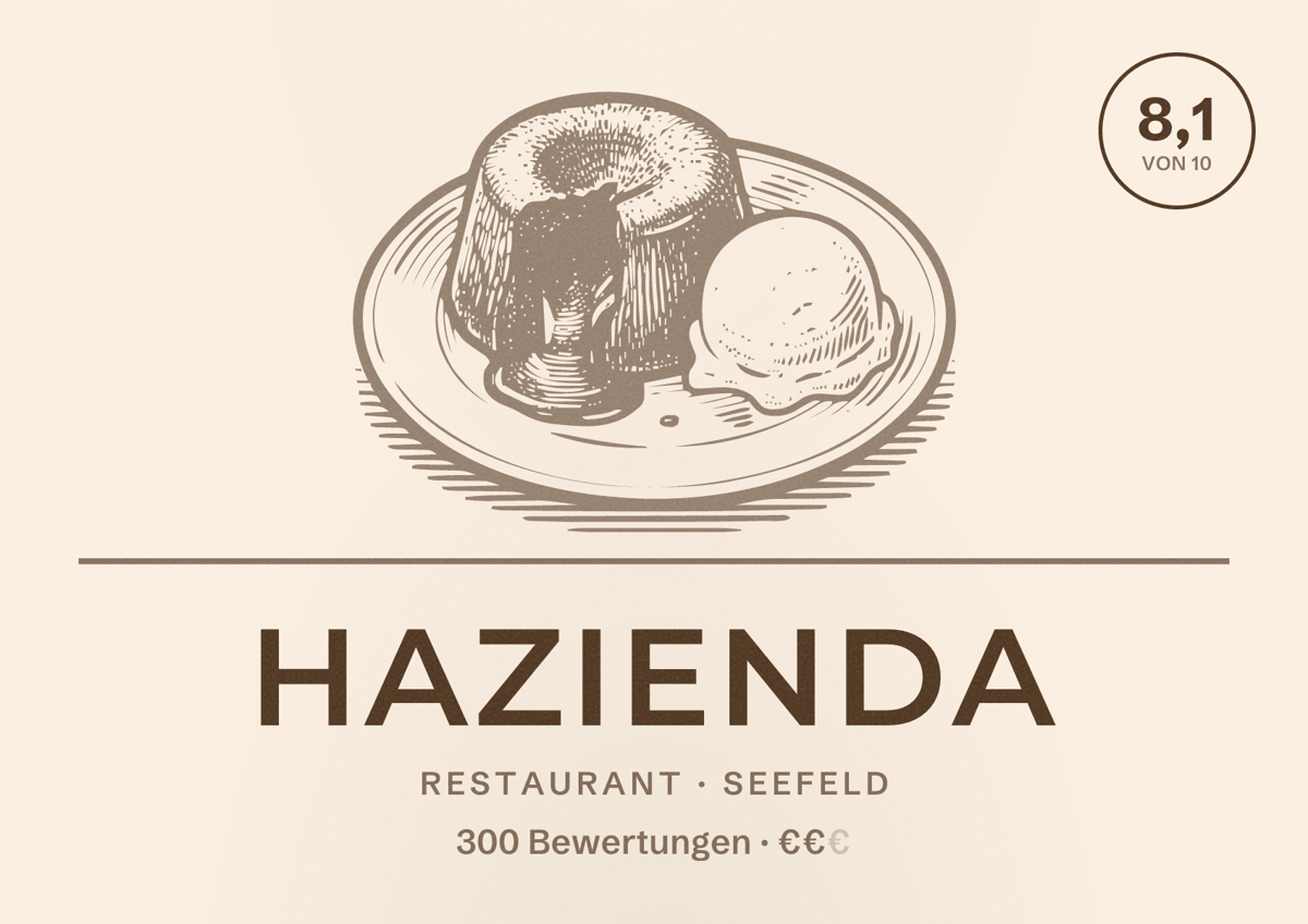 Illustriertes Poster von HAZIENDA, Restaurant in Seefeld: Bewertung 8,1 von 10 aus 300 Bewertungen, Preisniveau €€
