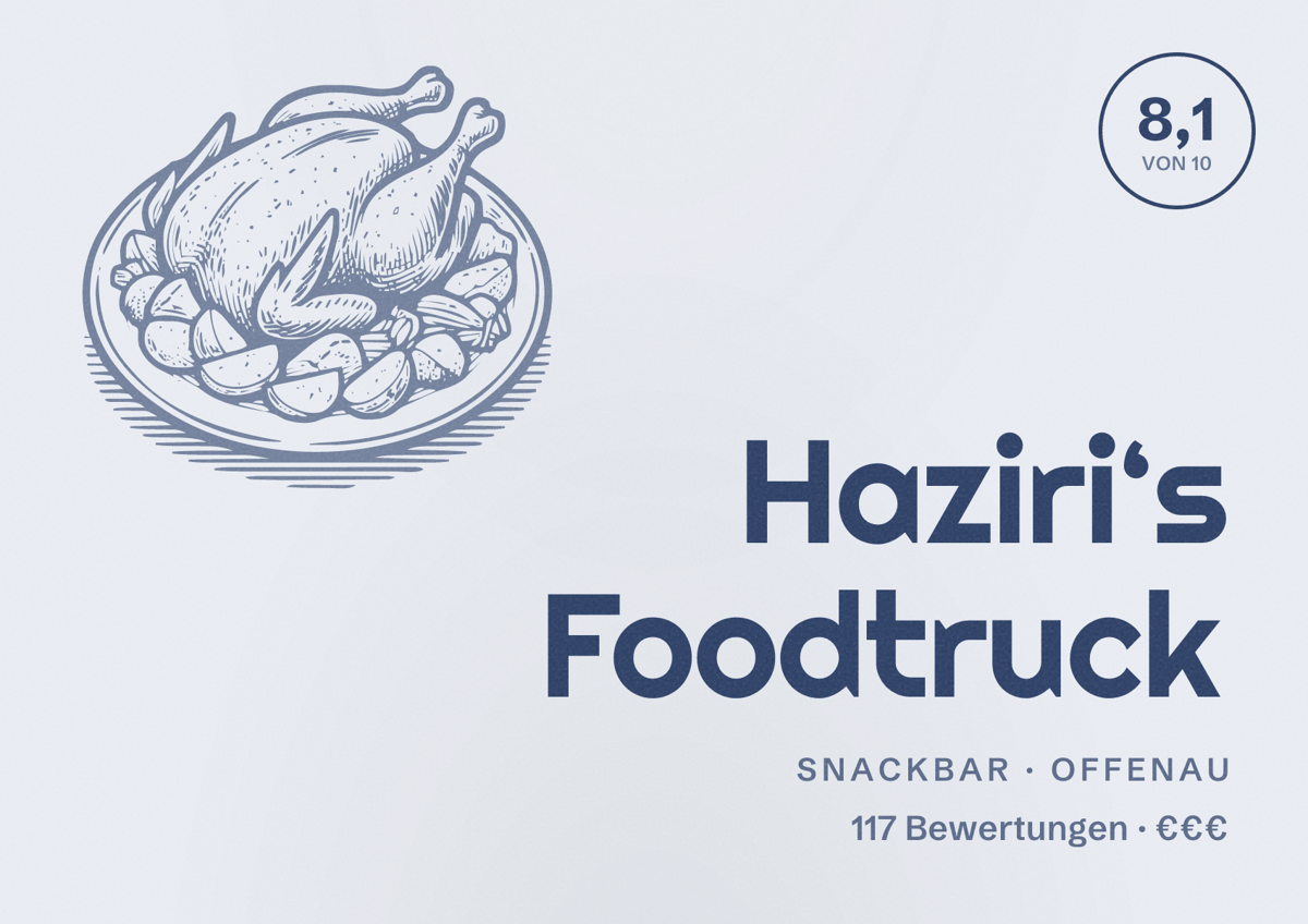 Illustriertes Poster von Haziri‘s Foodtruck, Snackbar in Offenau: Bewertung 8,1 von 10 aus 117 Bewertungen, Preisniveau €€€