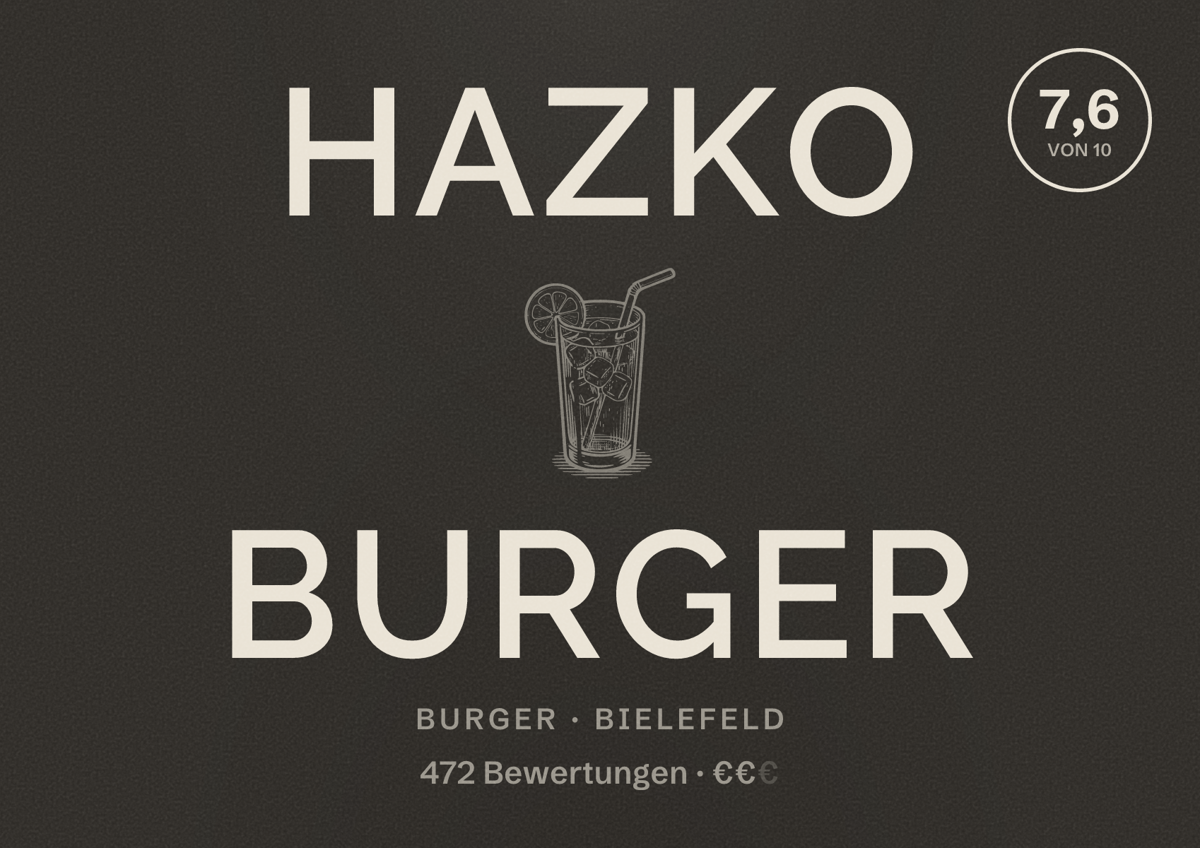 Illustriertes Poster von Hazko Burger, Burger in Bielefeld: Bewertung 7,6 von 10 aus 472 Bewertungen, Preisniveau €€