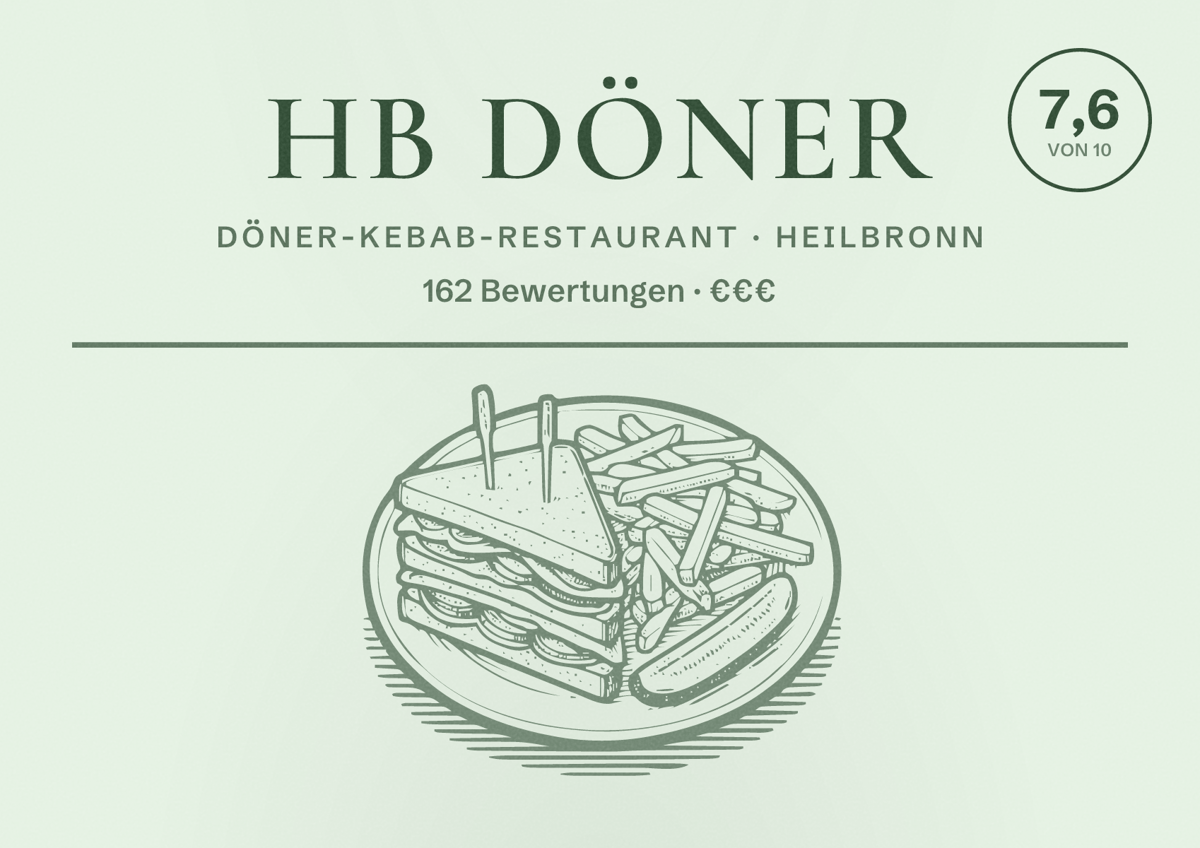 Illustriertes Poster von HB Döner, Döner-Kebab-Restaurant in Heilbronn: Bewertung 7,6 von 10 aus 162 Bewertungen, Preisniveau €€€