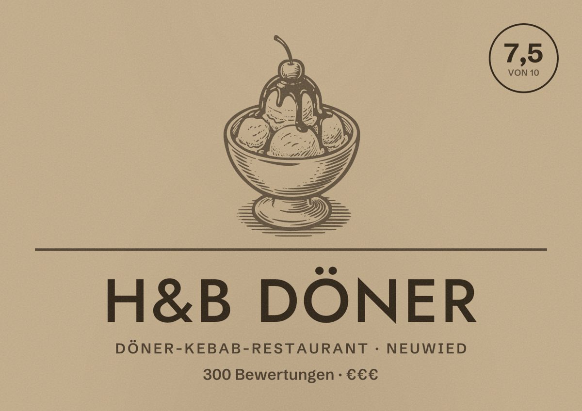 Illustriertes Poster von H&B Döner, Döner-Kebab-Restaurant in Neuwied: Bewertung 7,5 von 10 aus 300 Bewertungen, Preisniveau €€€