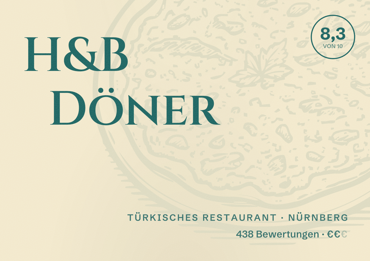 Illustriertes Poster von H&B Döner, Türkisches Restaurant in Nürnberg: Bewertung 8,3 von 10 aus 438 Bewertungen, Preisniveau €€