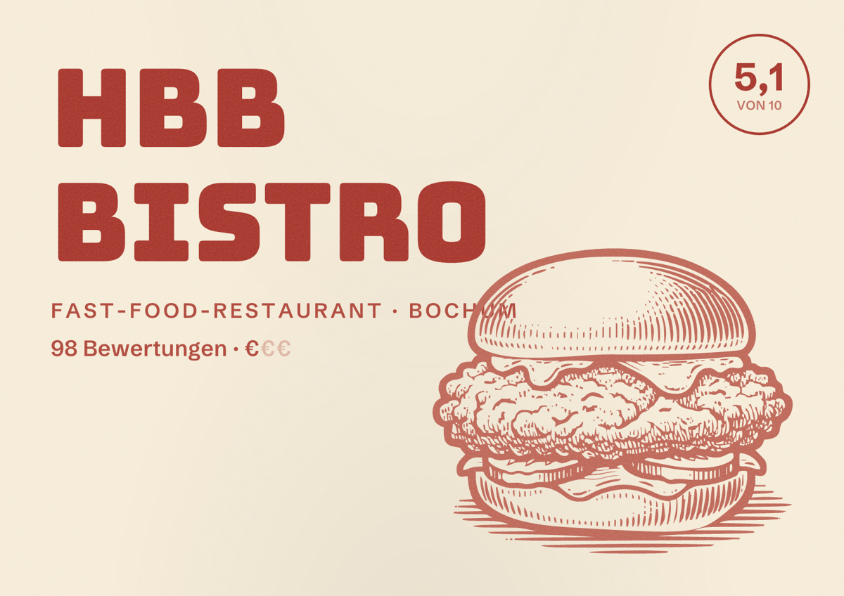 Illustriertes Poster von HBB Bistro, Fast-Food-Restaurant in Bochum: Bewertung 5,1 von 10 aus 98 Bewertungen, Preisniveau €