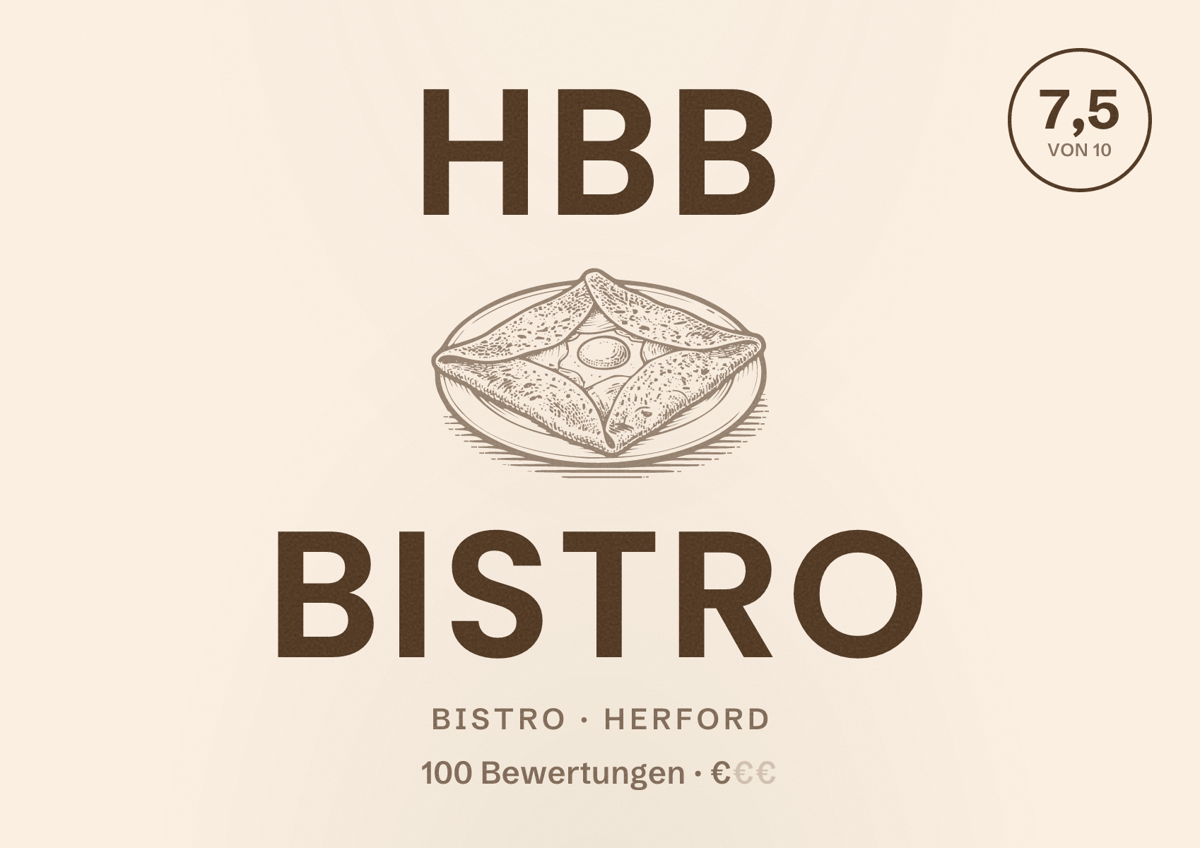 Illustriertes Poster von HBB Bistro, Bistro in Herford: Bewertung 7,5 von 10 aus 100 Bewertungen, Preisniveau €
