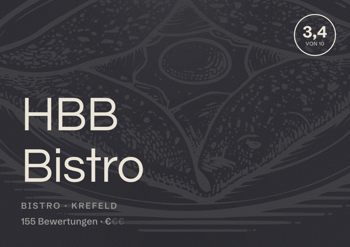 Illustriertes Poster von HBB Bistro, Bistro in Krefeld: Bewertung 3,4 von 10 aus 155 Bewertungen, Preisniveau €