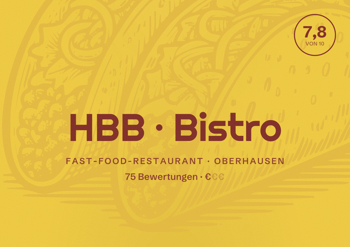 Illustriertes Poster von HBB Bistro, Fast-Food-Restaurant in Oberhausen: Bewertung 7,8 von 10 aus 75 Bewertungen, Preisniveau €