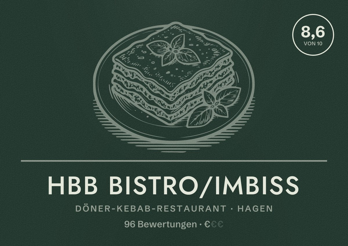 Illustriertes Poster von HBB Bistro/Imbiss, Döner-Kebab-Restaurant in Hagen: Bewertung 8,6 von 10 aus 96 Bewertungen, Preisniveau €