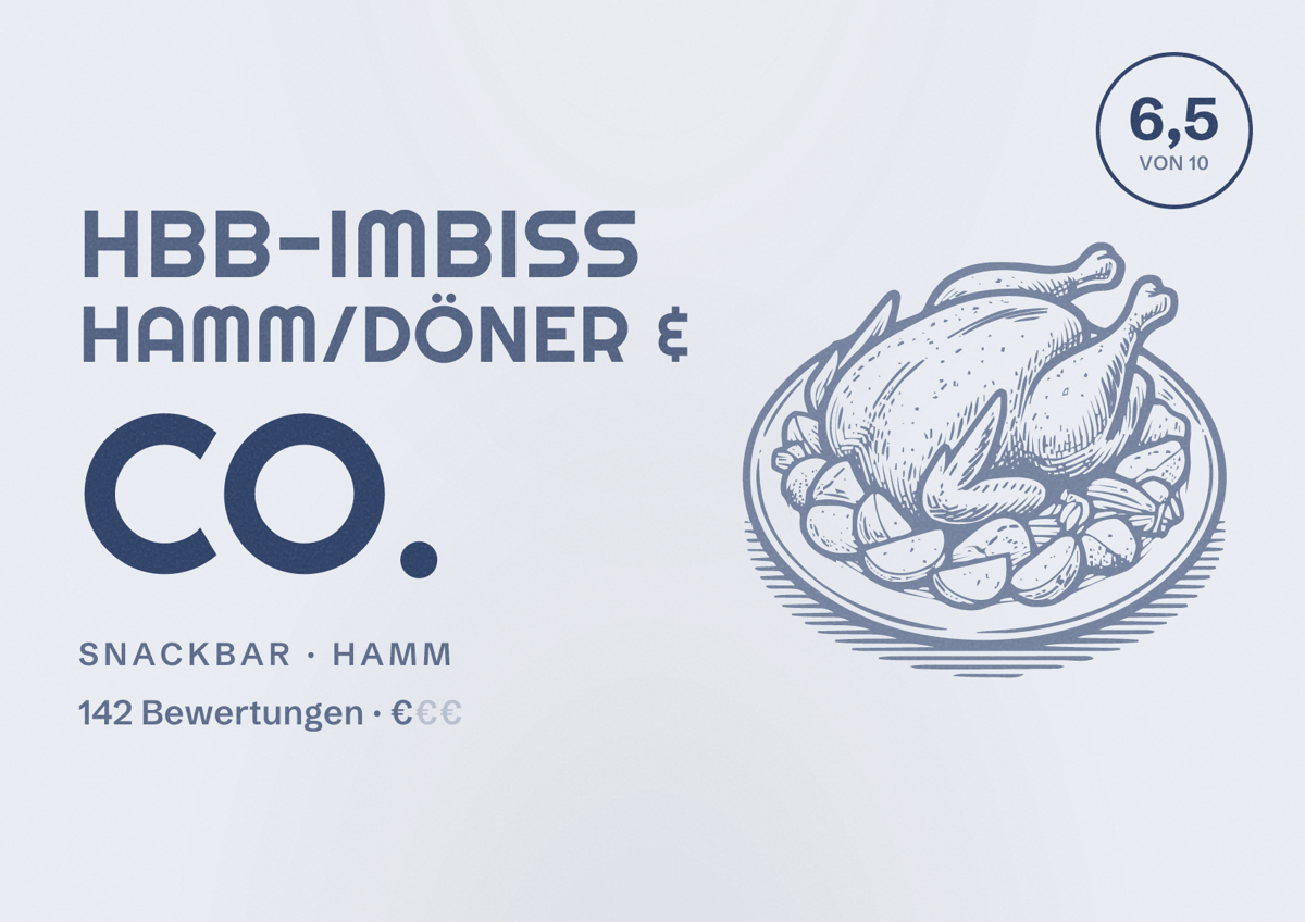 Illustriertes Poster von HBB-Imbiss Hamm/Döner & Co., Snackbar in Hamm: Bewertung 6,5 von 10 aus 142 Bewertungen, Preisniveau €