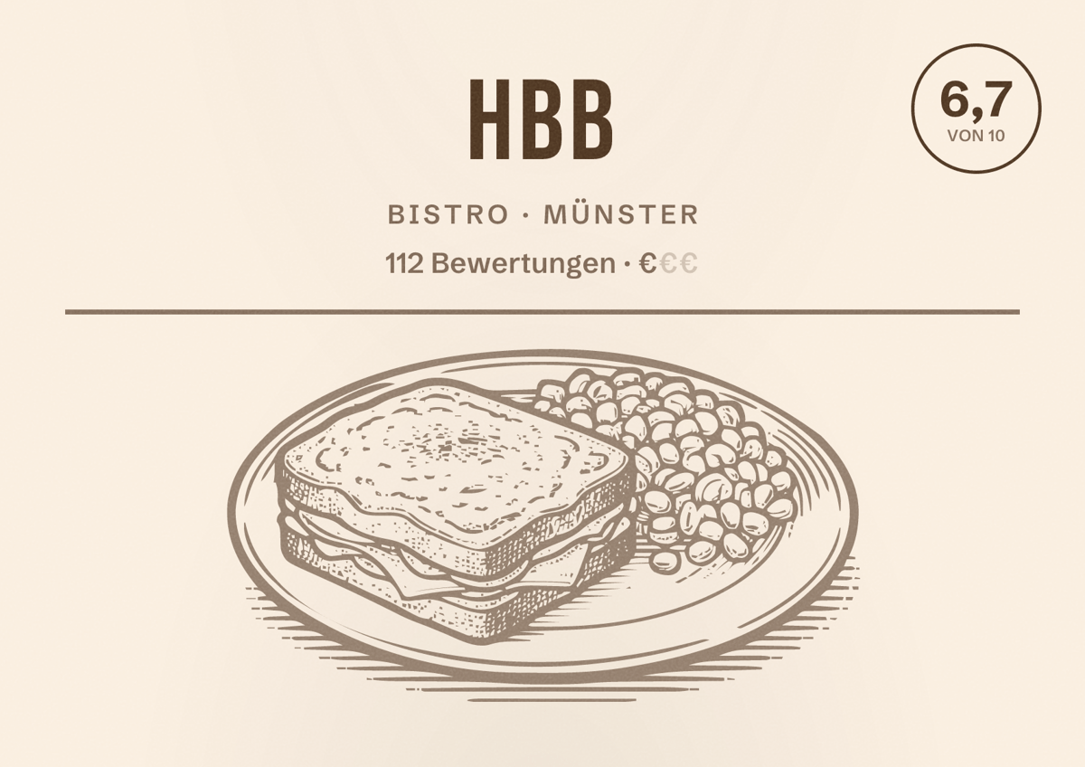 Illustriertes Poster von HBB, Bistro in Münster: Bewertung 6,7 von 10 aus 112 Bewertungen, Preisniveau €