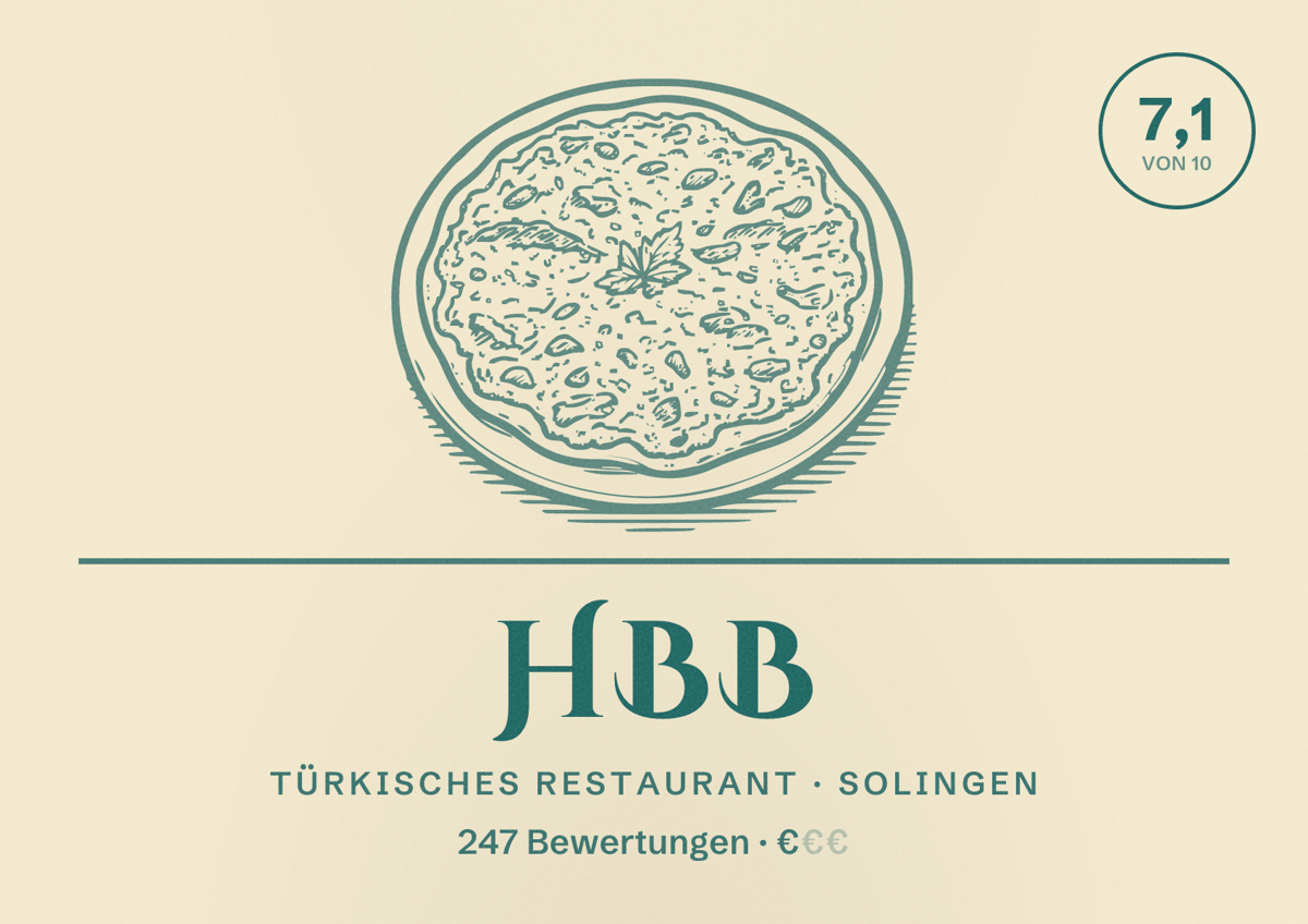Illustriertes Poster von HBB, Türkisches Restaurant in Solingen: Bewertung 7,1 von 10 aus 247 Bewertungen, Preisniveau €