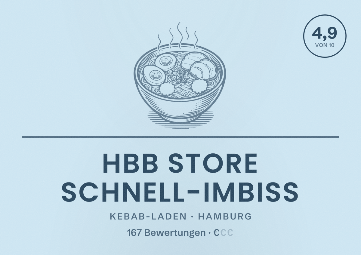 Illustriertes Poster von HBB Store Schnell-Imbiss, Kebab-Laden in Hamburg: Bewertung 4,9 von 10 aus 167 Bewertungen, Preisniveau €