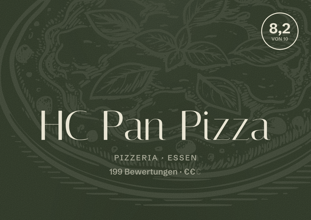 Illustriertes Poster von HC Pan Pizza, Pizzeria in Essen: Bewertung 8,2 von 10 aus 199 Bewertungen, Preisniveau €€