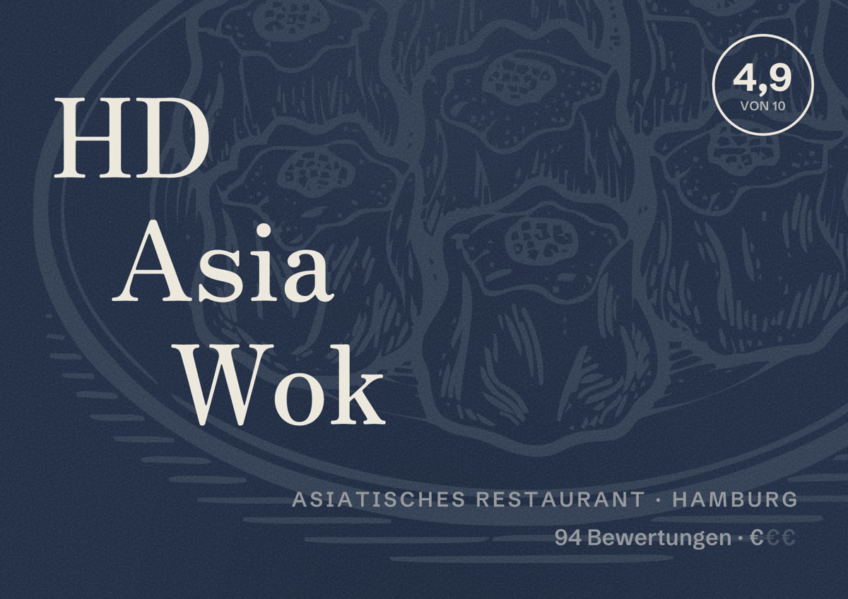 Illustriertes Poster von HD Asia Wok, Asiatisches Restaurant in Hamburg: Bewertung 4,9 von 10 aus 94 Bewertungen, Preisniveau €