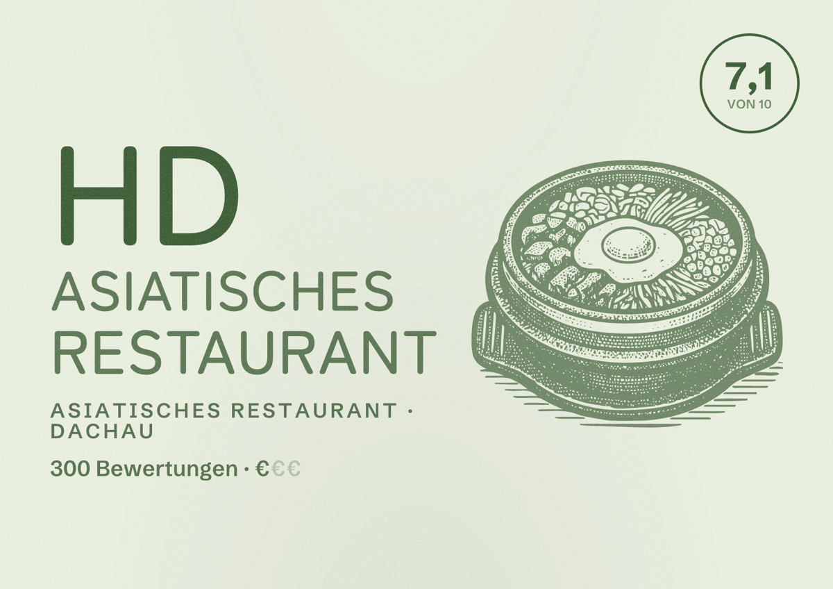 Illustriertes Poster von HD Asiatisches Restaurant, Asiatisches Restaurant in Dachau: Bewertung 7,1 von 10 aus 300 Bewertungen, Preisniveau €