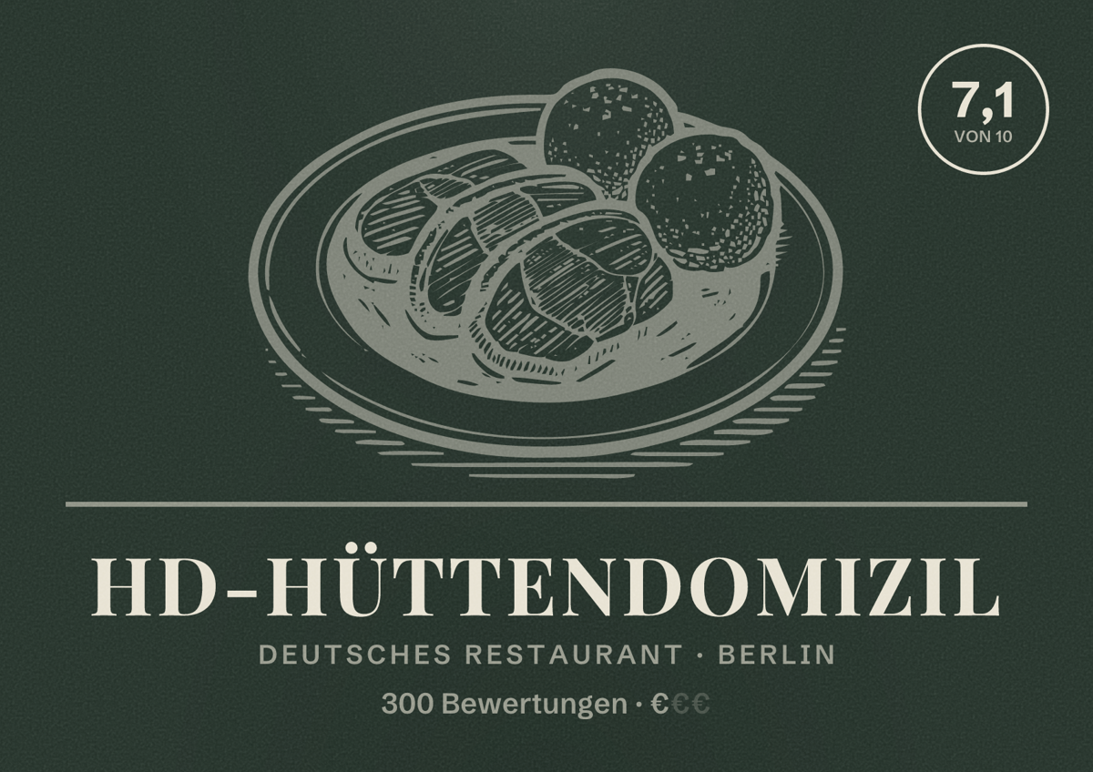 Illustriertes Poster von HD-Hüttendomizil, Deutsches Restaurant in Berlin: Bewertung 7,1 von 10 aus 300 Bewertungen, Preisniveau €