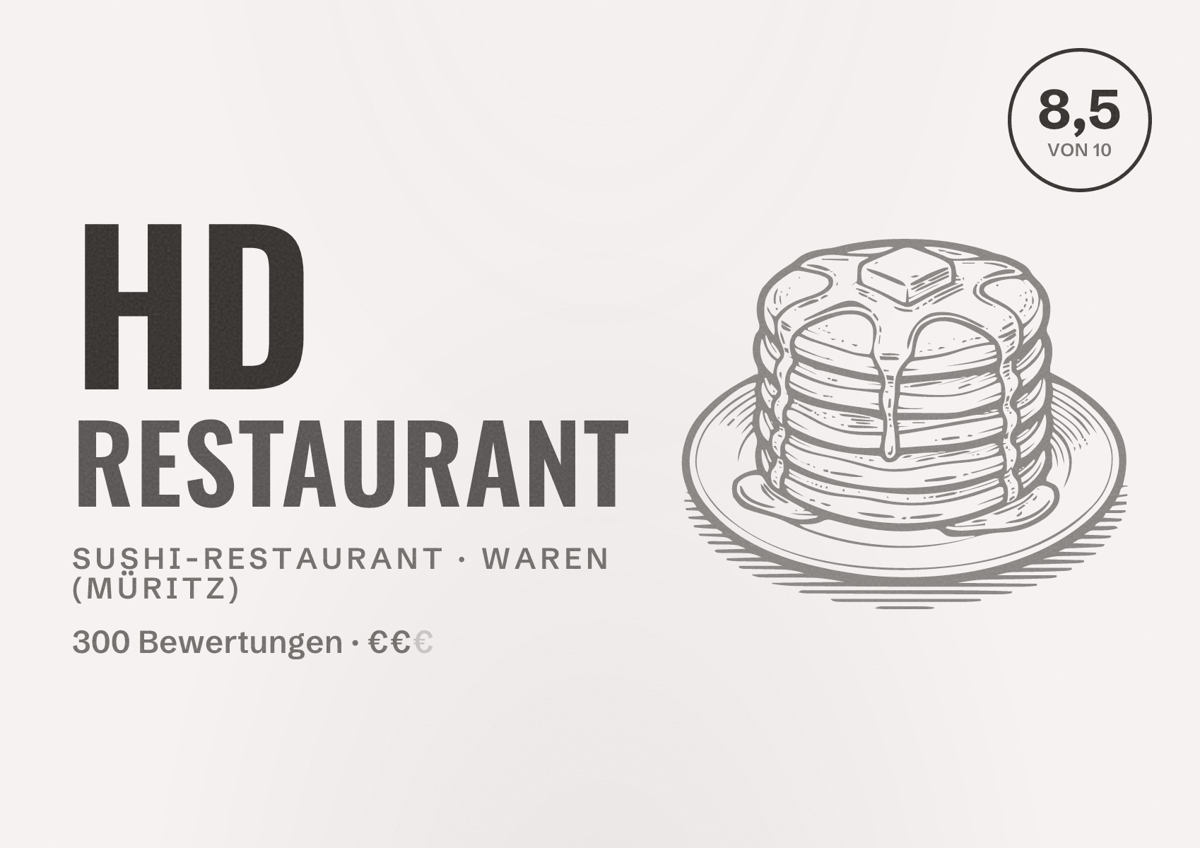 Illustriertes Poster von HD Restaurant, Sushi-Restaurant in Waren (Müritz): Bewertung 8,5 von 10 aus 300 Bewertungen, Preisniveau €€