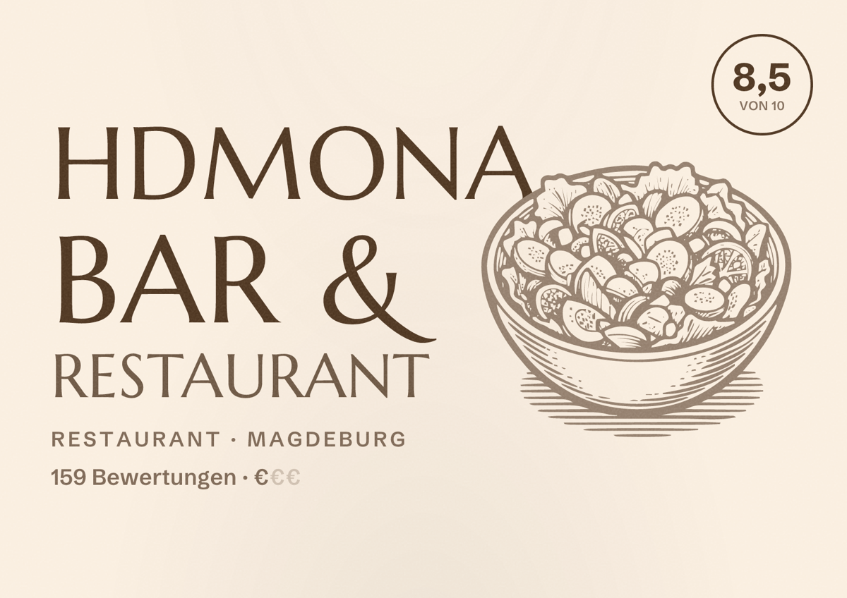 Illustriertes Poster von Hdmona Bar & Restaurant, Restaurant in Magdeburg: Bewertung 8,5 von 10 aus 159 Bewertungen, Preisniveau €