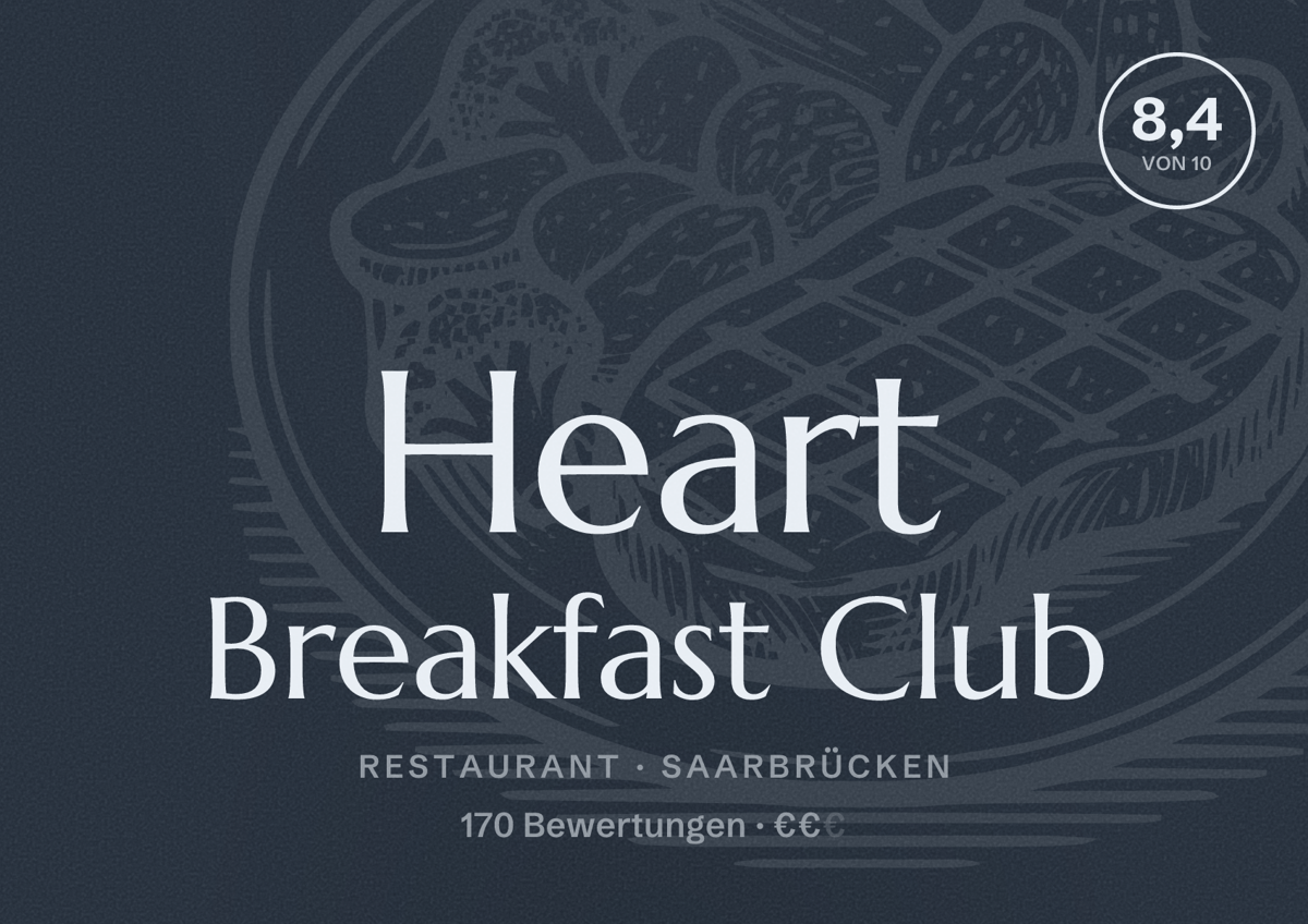 Illustriertes Poster von Heart Breakfast Club, Restaurant in Saarbrücken: Bewertung 8,4 von 10 aus 170 Bewertungen, Preisniveau €€