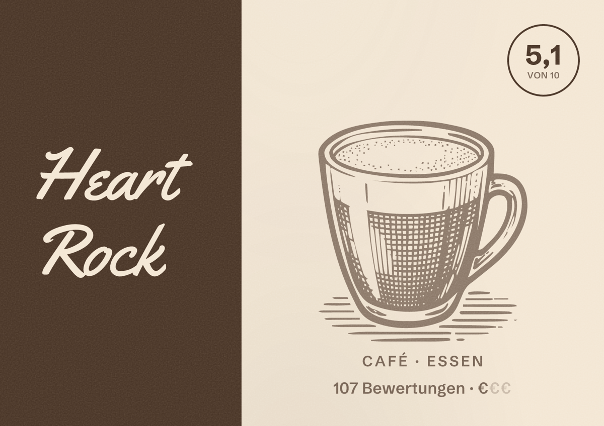Illustriertes Poster von Heart Rock, Café in Essen: Bewertung 5,1 von 10 aus 107 Bewertungen, Preisniveau €