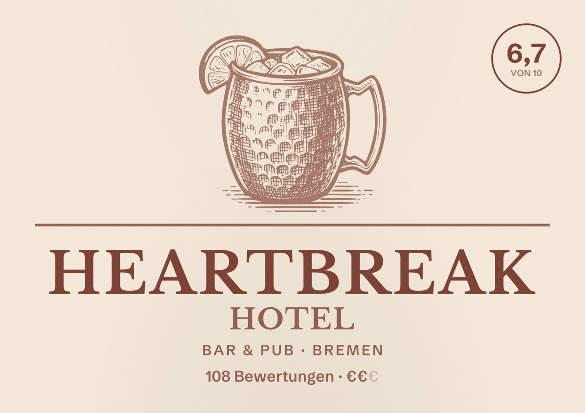 Illustriertes Poster von Heartbreak Hotel, Bar & Pub in Bremen: Bewertung 6,7 von 10 aus 108 Bewertungen, Preisniveau €€