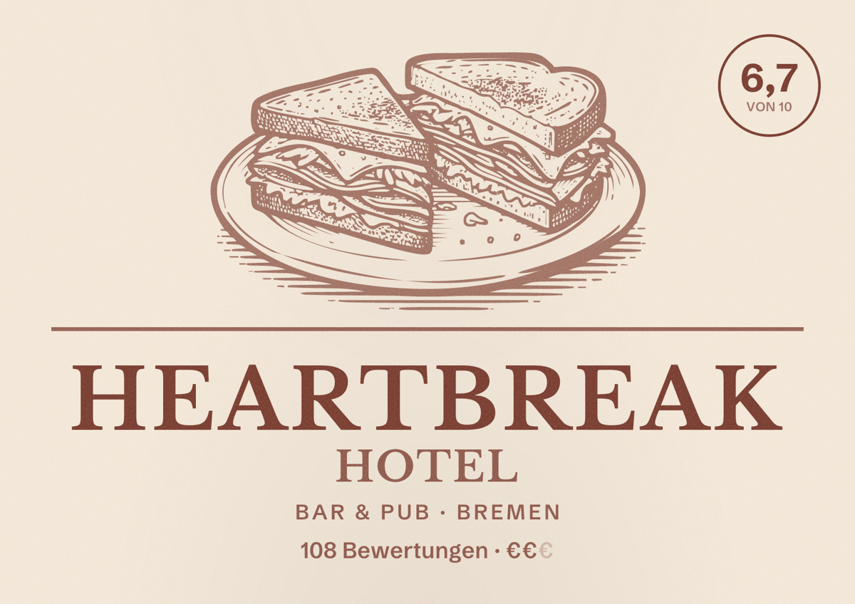Illustriertes Poster von Heartbreak Hotel, Bar & Pub in Bremen: Bewertung 6,7 von 10 aus 108 Bewertungen, Preisniveau €€