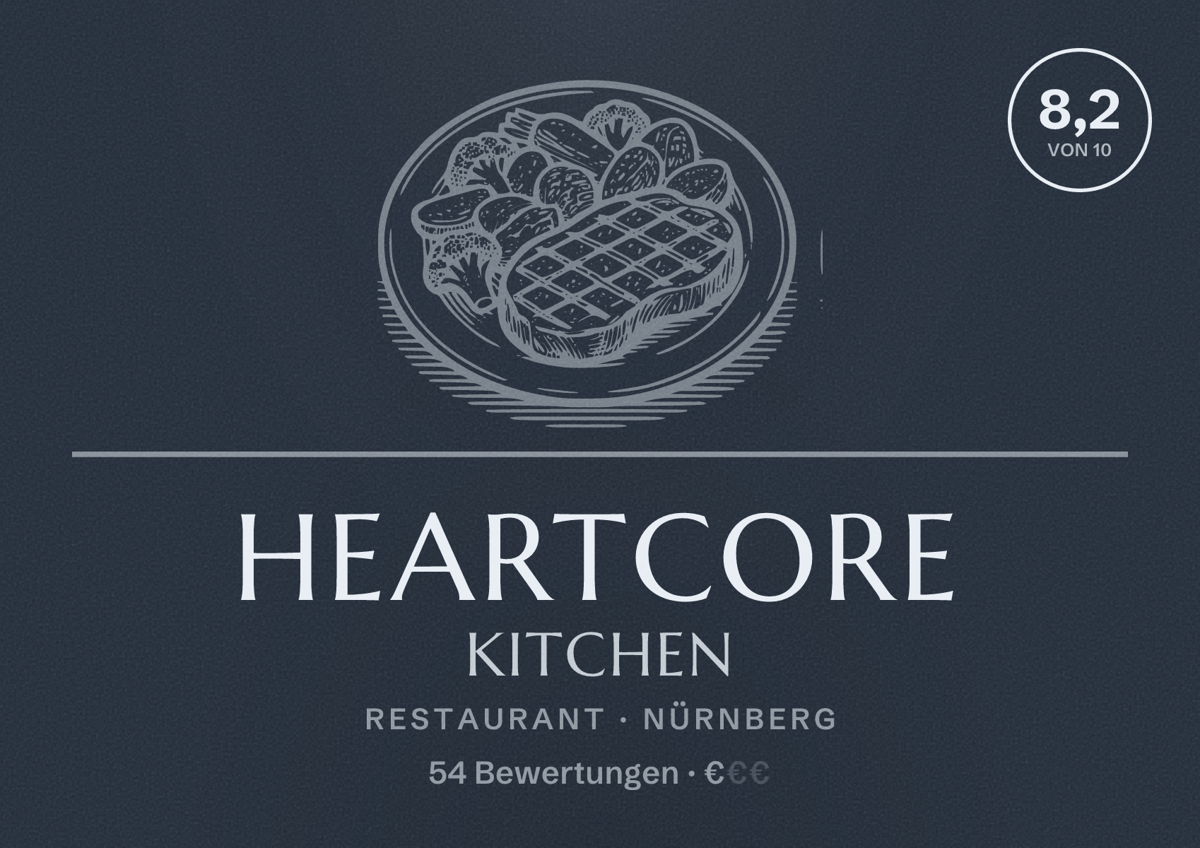Illustriertes Poster von Heartcore Kitchen, Restaurant in Nürnberg: Bewertung 8,2 von 10 aus 54 Bewertungen, Preisniveau €