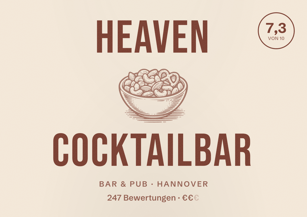 Illustriertes Poster von Heaven Cocktailbar, Bar & Pub in Hannover: Bewertung 7,3 von 10 aus 247 Bewertungen, Preisniveau €€