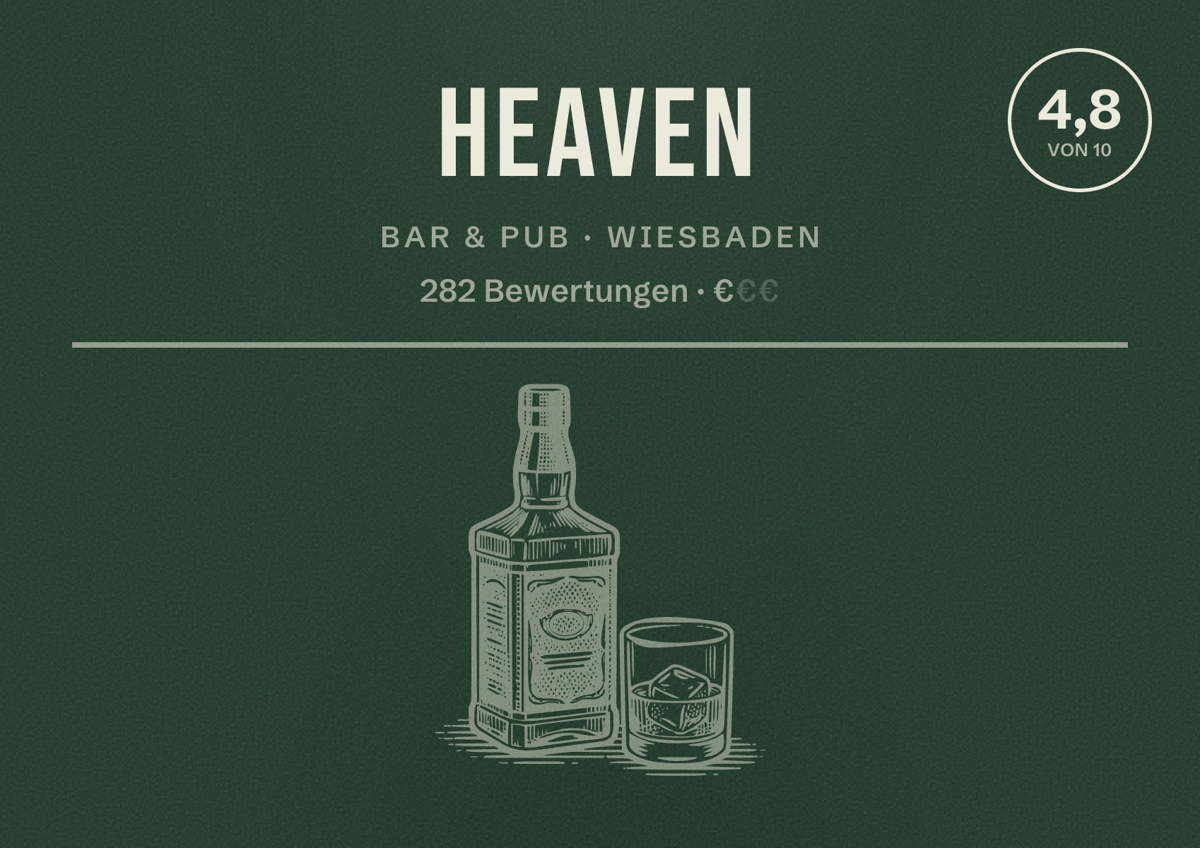 Illustriertes Poster von Heaven, Bar & Pub in Wiesbaden: Bewertung 4,8 von 10 aus 282 Bewertungen, Preisniveau €