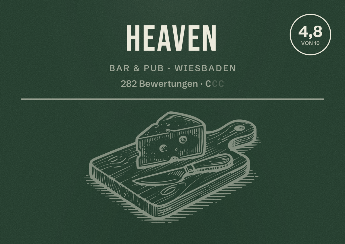 Illustriertes Poster von Heaven, Bar & Pub in Wiesbaden: Bewertung 4,8 von 10 aus 282 Bewertungen, Preisniveau €