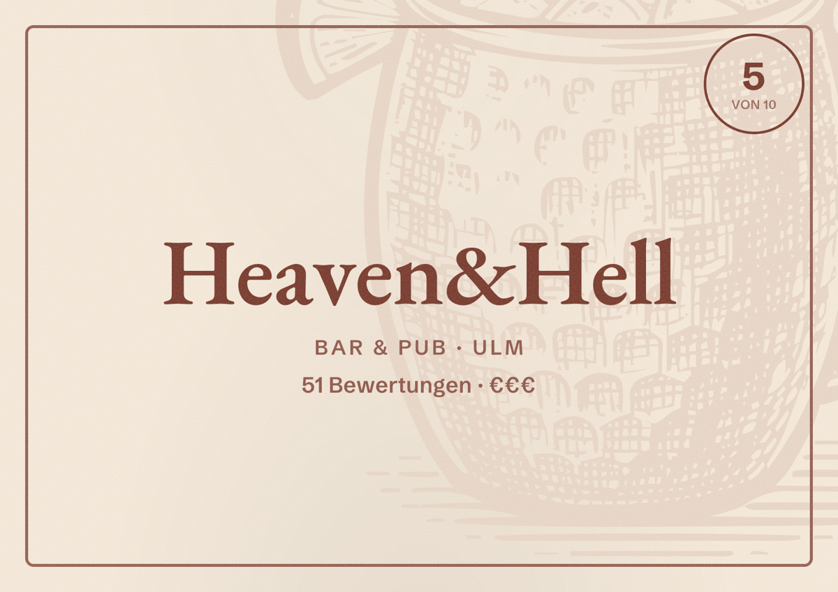 Illustriertes Poster von Heaven&Hell, Bar & Pub in Ulm: Bewertung 5 von 10 aus 51 Bewertungen, Preisniveau €€€