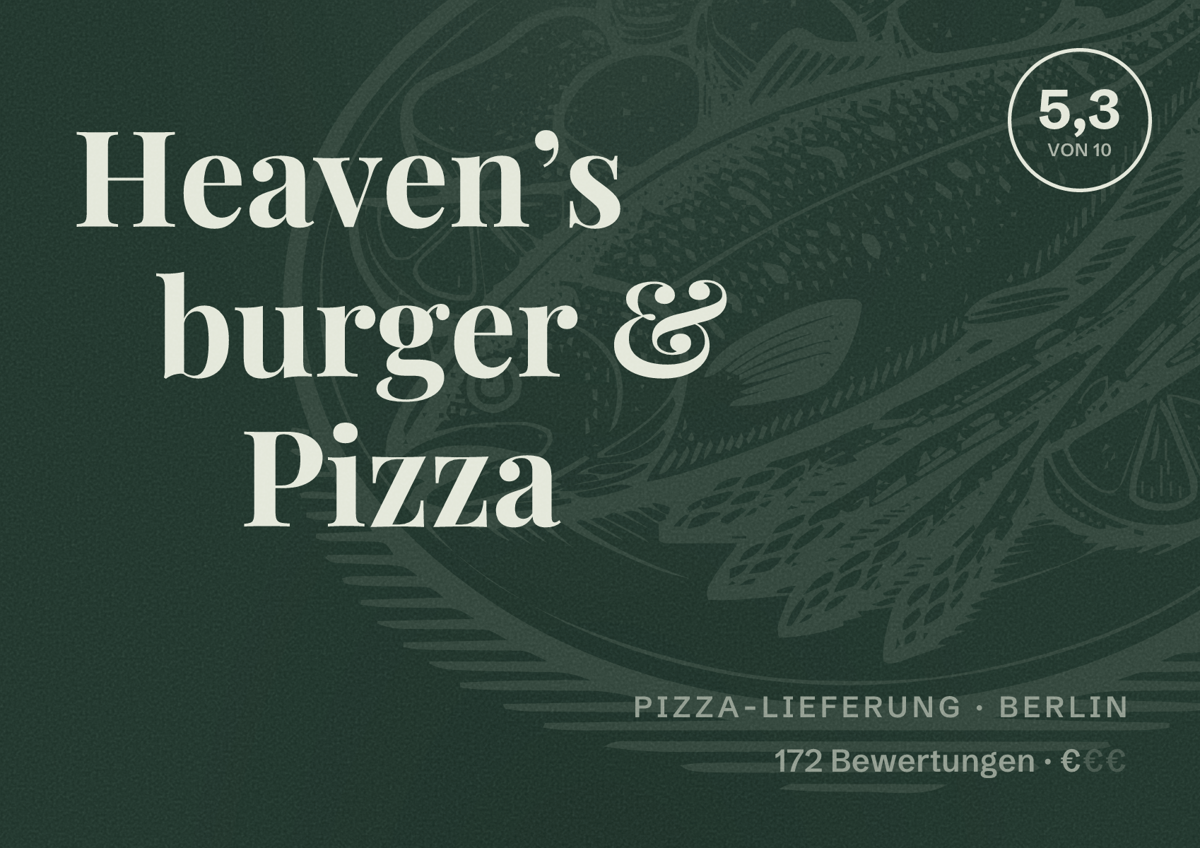 Illustriertes Poster von Heaven’s burger & Pizza, Pizza-Lieferung in Berlin: Bewertung 5,3 von 10 aus 172 Bewertungen, Preisniveau €