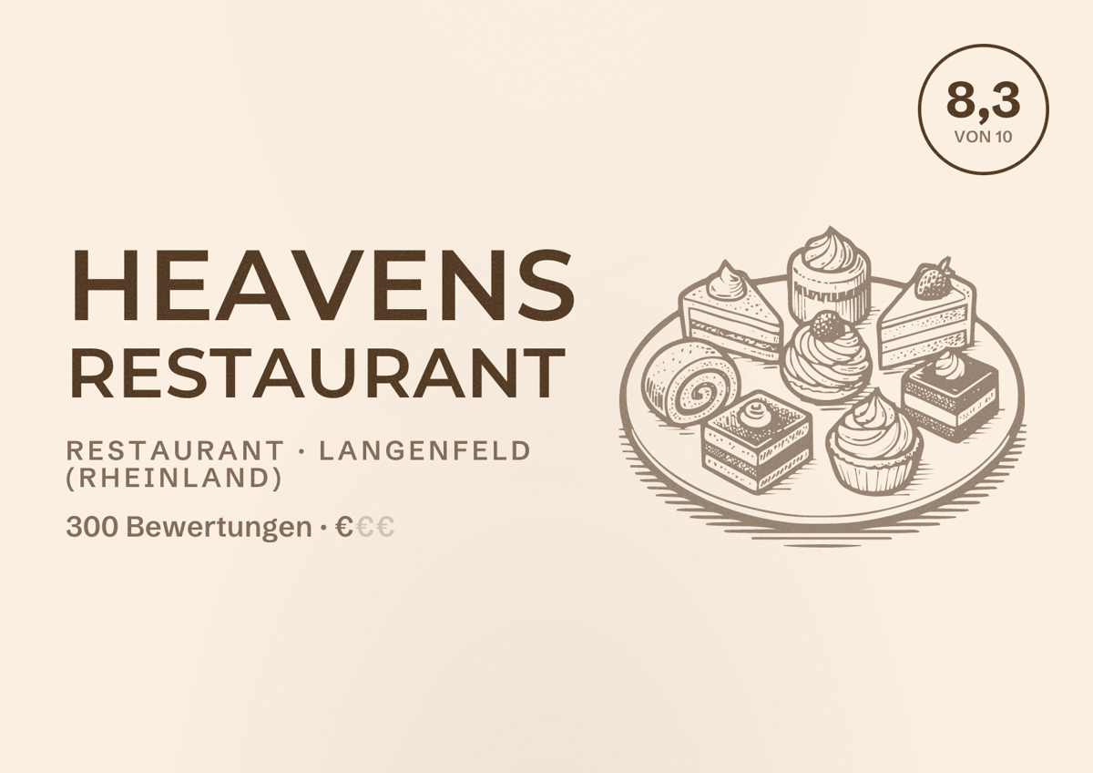 Illustriertes Poster von Heavens Restaurant, Restaurant in Langenfeld (Rheinland): Bewertung 8,3 von 10 aus 300 Bewertungen, Preisniveau €