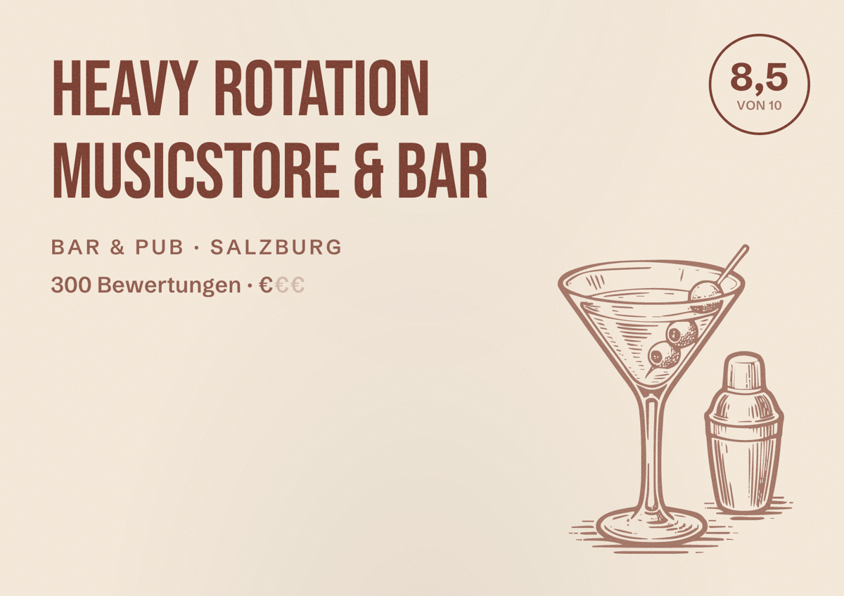 Illustriertes Poster von Heavy Rotation Musicstore & Bar, Bar & Pub in Salzburg: Bewertung 8,5 von 10 aus 300 Bewertungen, Preisniveau €