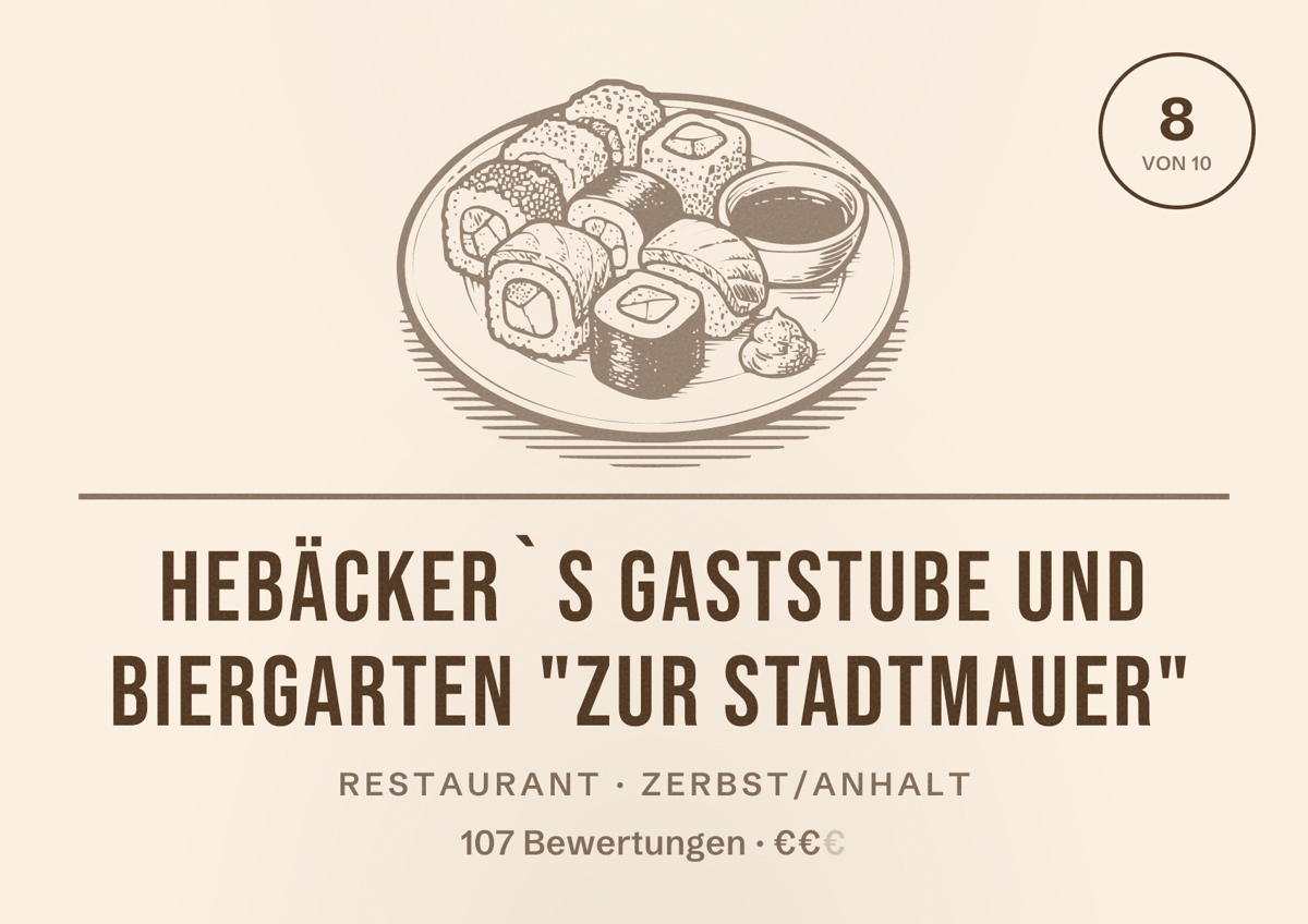 Illustriertes Poster von Hebäcker`s Gaststube und Biergarten "Zur Stadtmauer", Restaurant in Zerbst/Anhalt: Bewertung 8 von 10 aus 107 Bewertungen, Preisniveau €€
