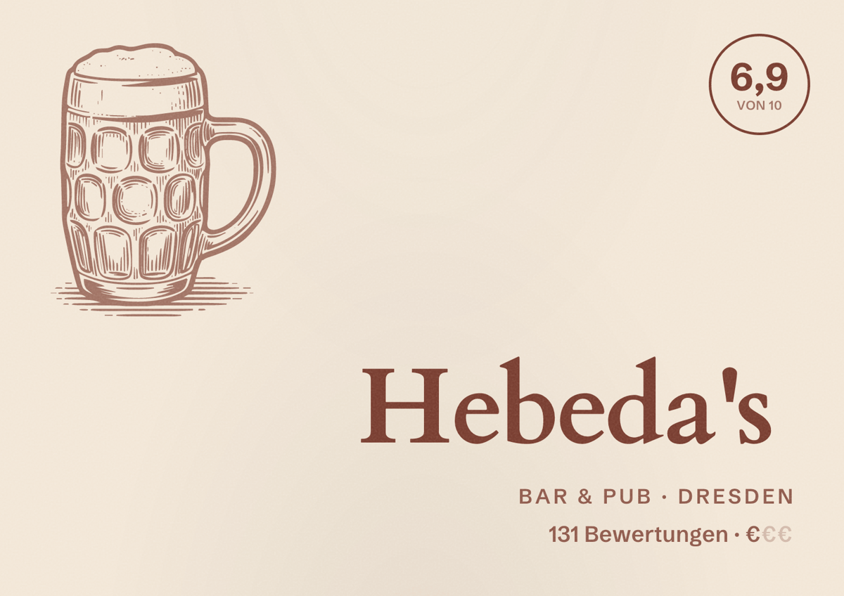 Illustriertes Poster von Hebeda's, Bar & Pub in Dresden: Bewertung 6,9 von 10 aus 131 Bewertungen, Preisniveau €