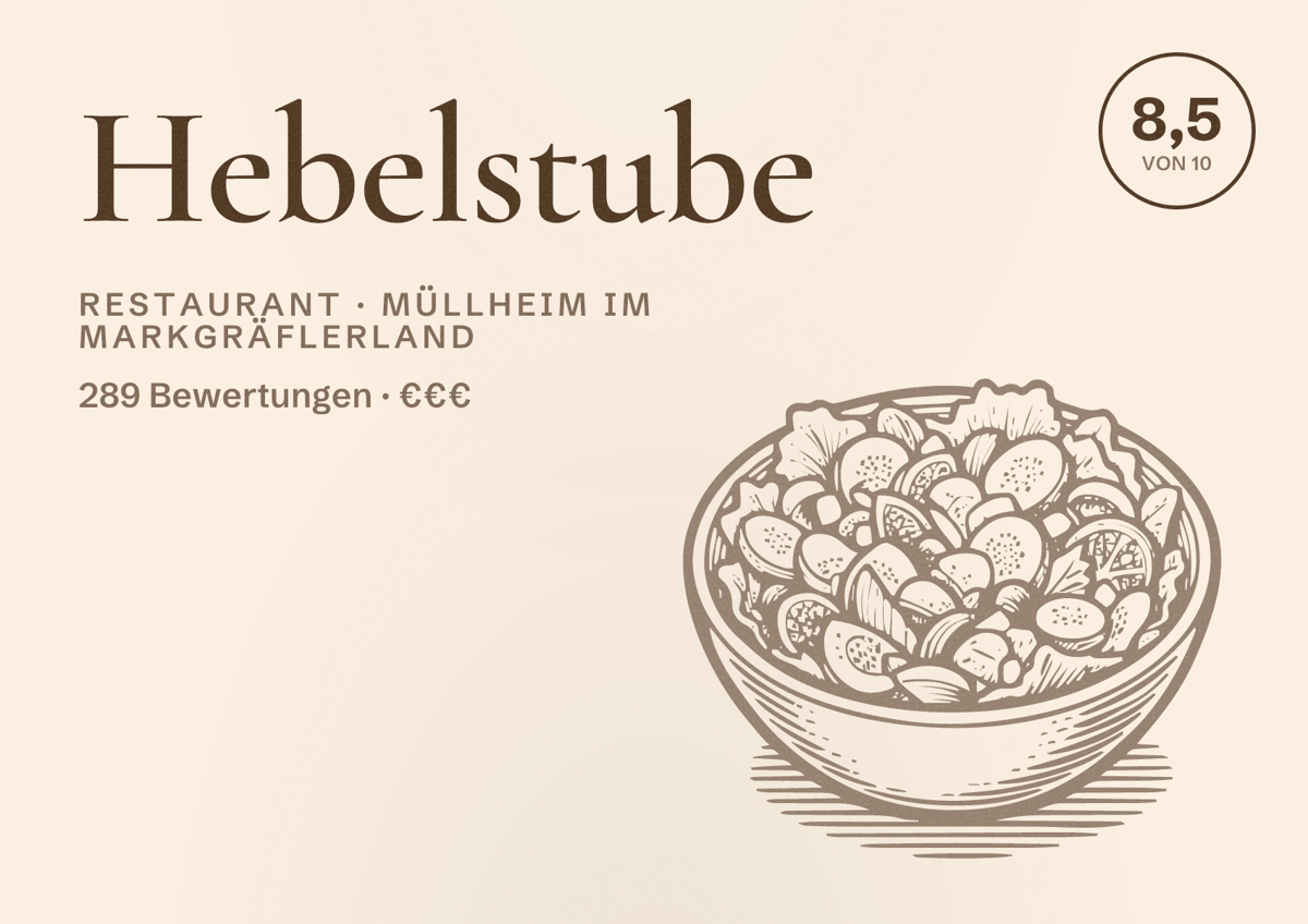 Illustriertes Poster von Hebelstube, Restaurant in Müllheim im Markgräflerland: Bewertung 8,5 von 10 aus 289 Bewertungen, Preisniveau €€€