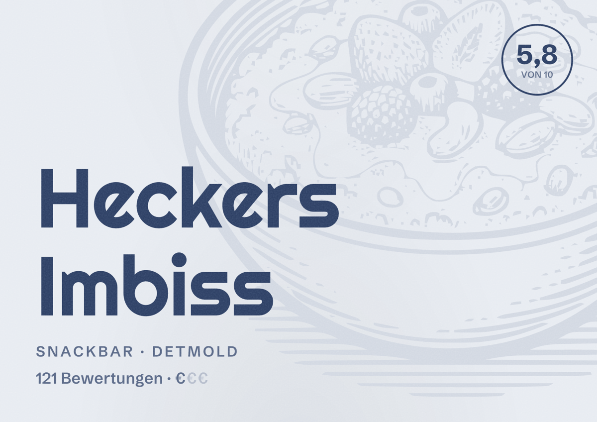 Illustriertes Poster von Heckers Imbiss, Snackbar in Detmold: Bewertung 5,8 von 10 aus 121 Bewertungen, Preisniveau €