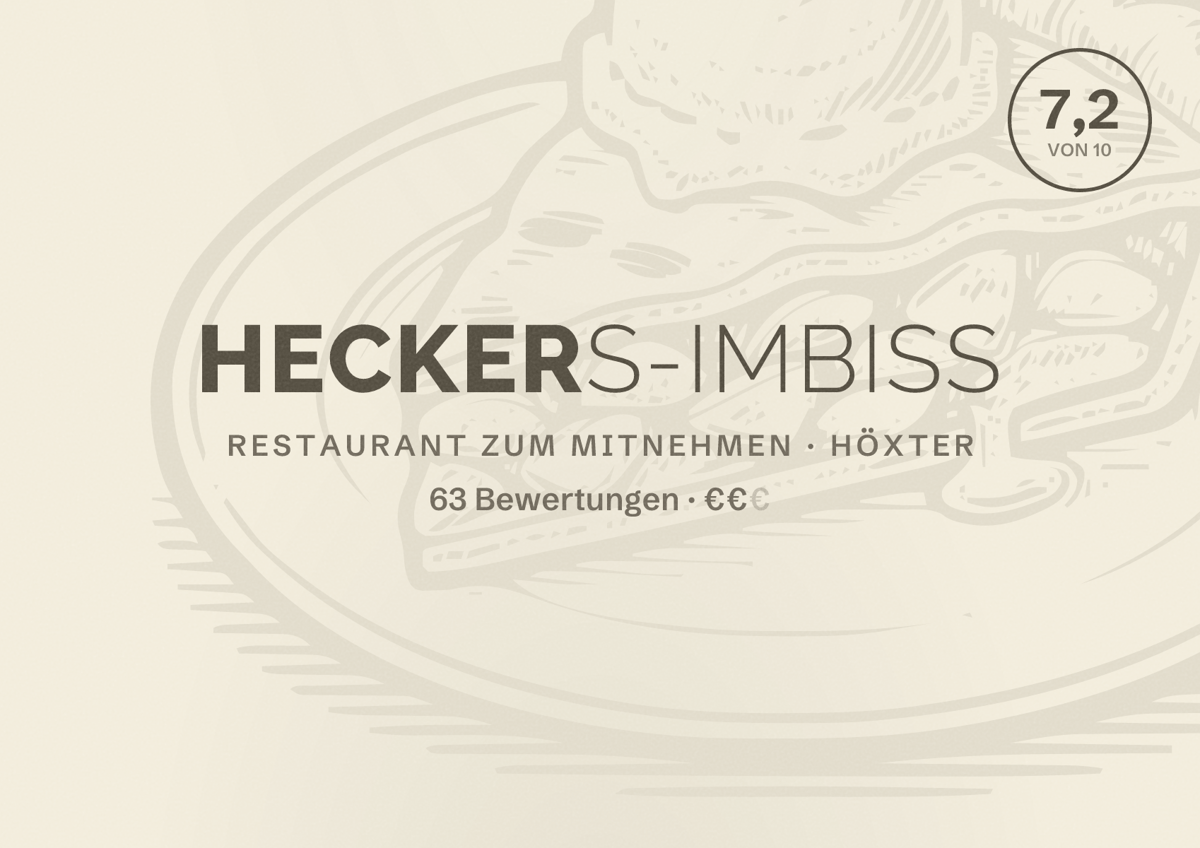 Illustriertes Poster von Heckers-Imbiss, Restaurant zum Mitnehmen in Höxter: Bewertung 7,2 von 10 aus 63 Bewertungen, Preisniveau €€