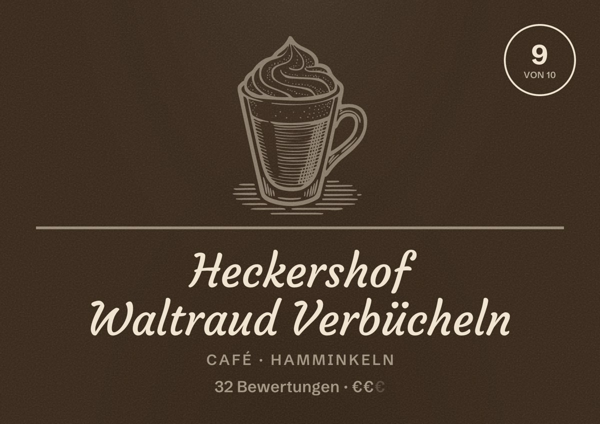 Illustriertes Poster von Heckershof Waltraud Verbücheln, Café in Hamminkeln: Bewertung 9 von 10 aus 32 Bewertungen, Preisniveau €€