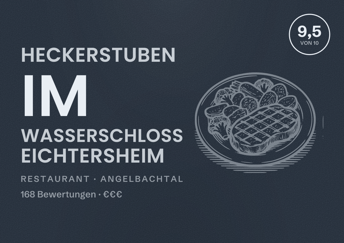 Illustriertes Poster von Heckerstuben im Wasserschloss Eichtersheim, Restaurant in Angelbachtal: Bewertung 9,5 von 10 aus 168 Bewertungen, Preisniveau €€€