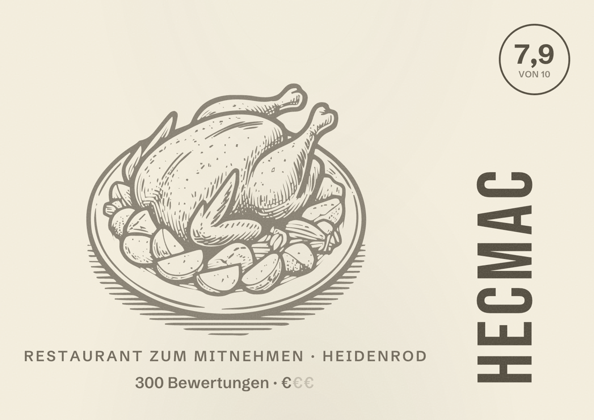 Illustriertes Poster von HecMac, Restaurant zum Mitnehmen in Heidenrod: Bewertung 7,9 von 10 aus 300 Bewertungen, Preisniveau €