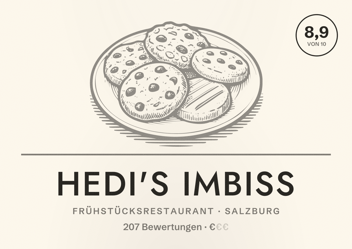 Illustriertes Poster von Hedi's Imbiss, Frühstücksrestaurant in Salzburg: Bewertung 8,9 von 10 aus 207 Bewertungen, Preisniveau €