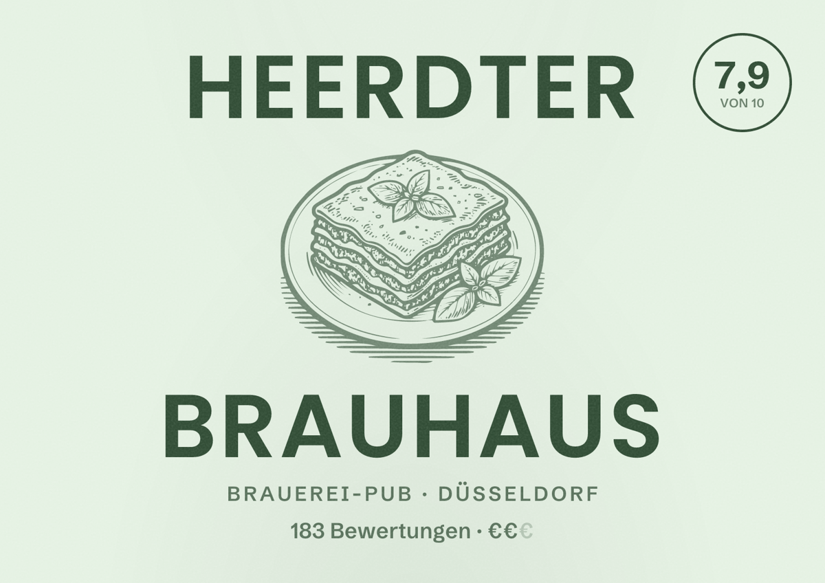 Illustriertes Poster von Heerdter Brauhaus, Brauerei-Pub in Düsseldorf: Bewertung 7,9 von 10 aus 183 Bewertungen, Preisniveau €€
